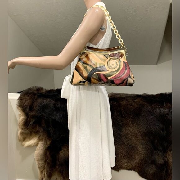 Abstract Print Genuine Cowhide Handmade Double Kisslock Bag with 2 Strap Styles - Picture 4 of 16